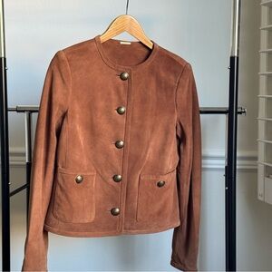 New Elie Tahari Sheep Suede Cropped Jacket with Decorative Buttons Chestnut M